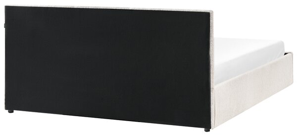 Posteľ s úložným priestorom krémová biela buklé čalúnenie 180 x 200 cm s čelom a roštom moderný štýl spálňa