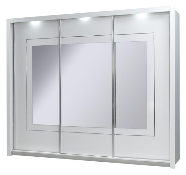 Veľká zrkadlová šatníková skriňa 258 cm PAMPLONA - alpská biela / lesklá biela + LED osvetlenie ZDARMA