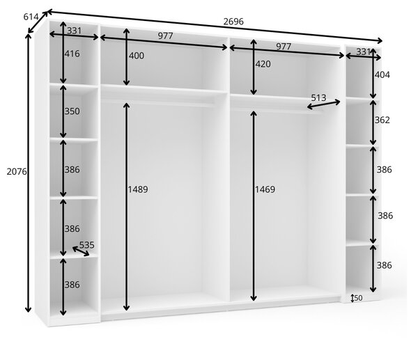 Veľká šatníková skriňa 270 cm GIRADOT - biela / strieborné úchyty