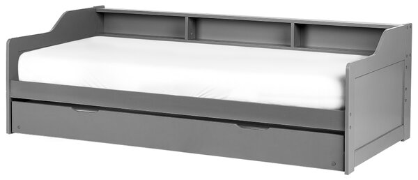 Rozkladacia posteľ sivá borovicový rám 90 x 200 cm s výsuvným lôžkom detská izba spálňa