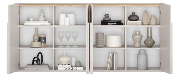 Komoda Amilio 200 cm štvordverová - kašmír / olejovaný dub / úchytky kašmír