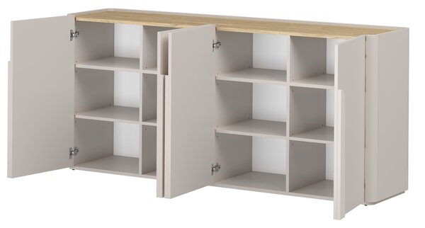 Komoda Amilio 200 cm štvordverová - kašmír / olejovaný dub / úchytky kašmír