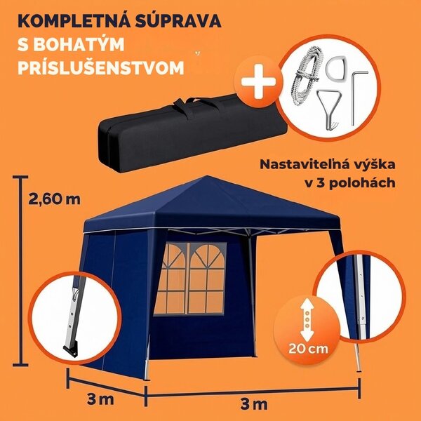 Party stan / pavilón CAPRI PLUS s 2 bočnými stenami, 3x3m, modrá Casaria