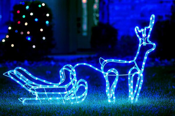 LED Vianočná dekorácia – Sob so saňami, modrá