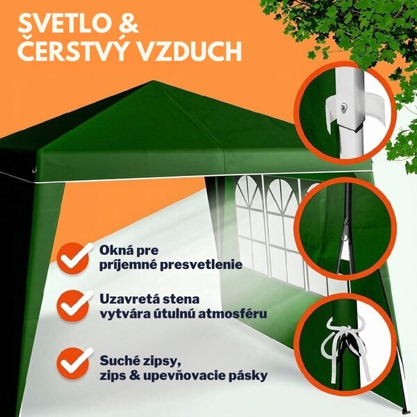 Party stan / pavilón CAPRI PLUS s 2 bočnými stenami, 3x3m, zelená Casaria