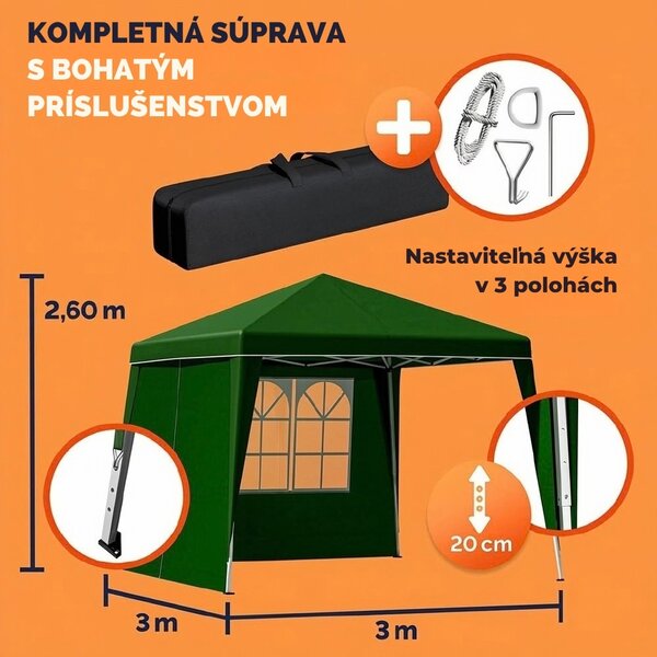 Party stan / pavilón CAPRI PLUS s 2 bočnými stenami, 3x3m, zelená Casaria