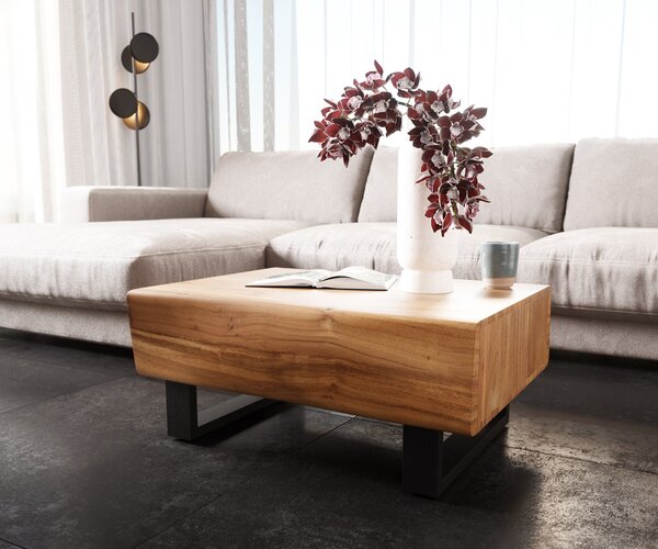 DELIFE Konferenčný stolík New Live-Edge 80x60 cm akácia prírodná 2 zásuvky kovová tenká podstava čierna