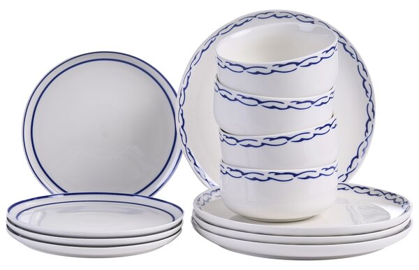12-dielna súprava porcelánového jedálenského riadu biela s modrým okrajom glazúrovaná ručne vyrobená sada riadu jedáleň kuchyňa