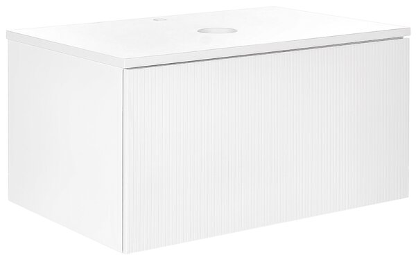 Nástenná kúpeľňová skrinka biela MDF 80 x 52 cm drážkované čelo s 2 zásuvkami otvor na odtok moderný štýl kúpeľňa