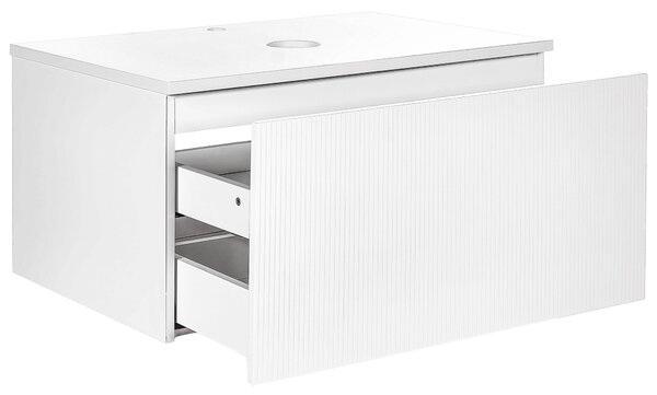 Nástenná kúpeľňová skrinka biela MDF 80 x 52 cm drážkované čelo s 2 zásuvkami otvor na odtok moderný štýl kúpeľňa