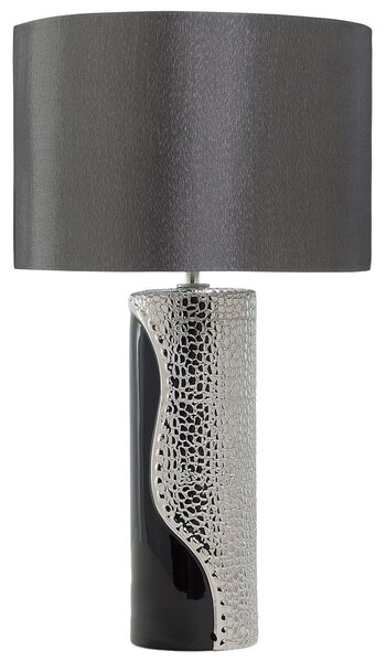 Stolná lampa strieborný keramický podstavec čierne tienidlo z nepravého hodvábu svetlo na nočný stolík