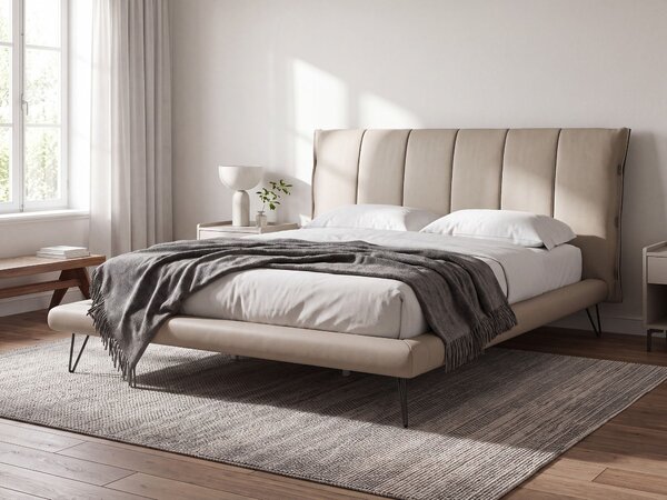 Posteľ béžová umelá koža 180 x 200 cm prešívané čelo postele tenké čierne nohy moderný dizajn