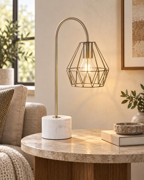 Stolná lampa biela mosadzná 50 cm kovové tienidlo tvar diamantu okrúhly stojan mramorový vzhľad obývačka spálňa