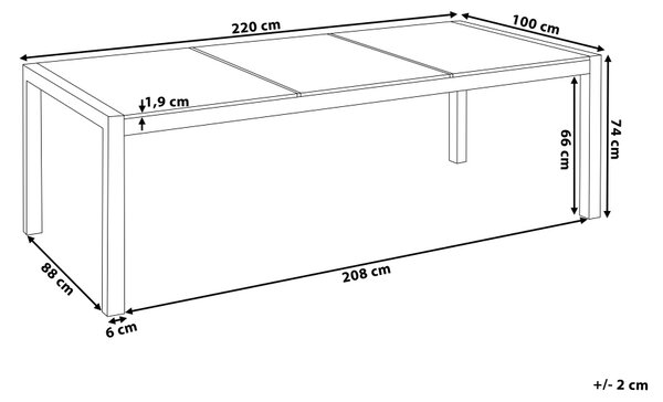Záhradný jedálenský stôl čierna trojdielna žulová doska 220 x 100 cm pre 8 osôb strieborné nohy z nehrdzavejúcej ocele