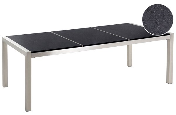 Záhradný jedálenský stôl čierna trojdielna žulová doska 220 x 100 cm pre 8 osôb strieborné nohy z nehrdzavejúcej ocele