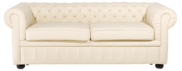 Pohovka chesterfield krémová kožená čalúnená nízke prešívané operadlo čierne nohy 3-miestna moderná