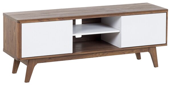 TV stolík biela tmavé drevo MDF 53 x 142 x 40 cm úložný priestor 2 skrinky 2 police na nožičkách moderný rustikálny štýl obývačka
