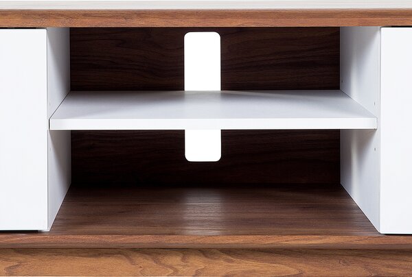 TV stolík biela tmavé drevo MDF 53 x 142 x 40 cm úložný priestor 2 skrinky 2 police na nožičkách moderný rustikálny štýl obývačka