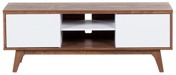 TV stolík biela tmavé drevo MDF 53 x 142 x 40 cm úložný priestor 2 skrinky 2 police na nožičkách moderný rustikálny štýl obývačka