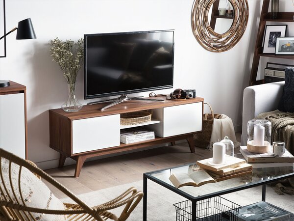 TV stolík biela tmavé drevo MDF 53 x 142 x 40 cm úložný priestor 2 skrinky 2 police na nožičkách moderný rustikálny štýl obývačka