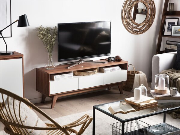 TV stôl tmavé drevo farba biela MDF doska 53 x 140 x 39 cm moderné očarujúce trendy praktické 3 zásuvky veľa úložného priestoru obývačka