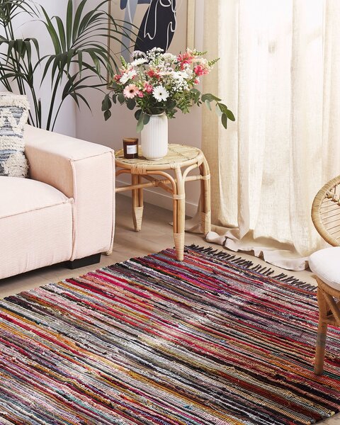 Koberec tmavý viacfarebný bavlnený 140 x 200 cm pruhovaný so strapcami obdĺžnikový ručne vyrobený boho eklektický
