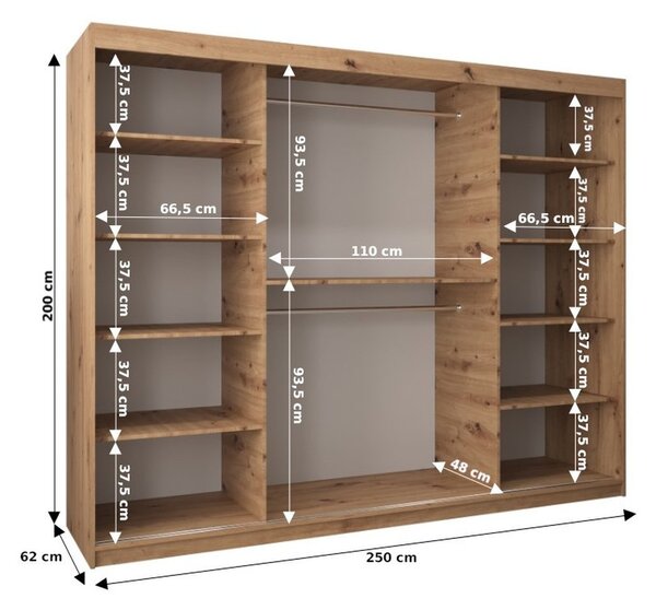 Šatníková skriňa ENNI - šírka 250 cm, dub sonoma / biela