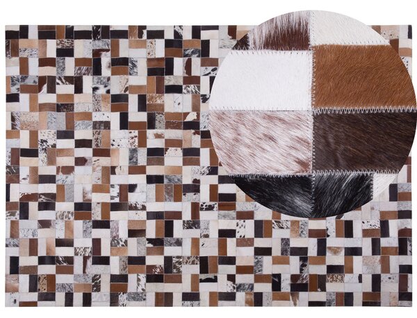 Koberec hnedý a béžový kožený 160 x 230 cm hovädzia koža patchworkový dizajn ručná výroba