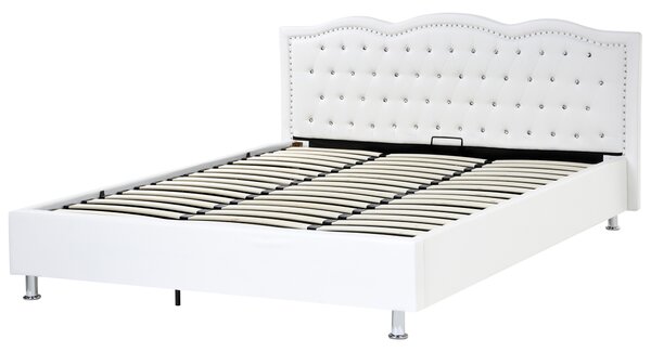 Posteľ biela umelá koža 180 x 200 cm s úložným priestorom prešívané čelo s gombíkmi moderný glamour štýl spálňa