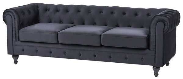 Pohovka chesterfield čierna zamatová čalúnená nízke prešívané operadlo tmavé drevené nohy 3-miestna moderná