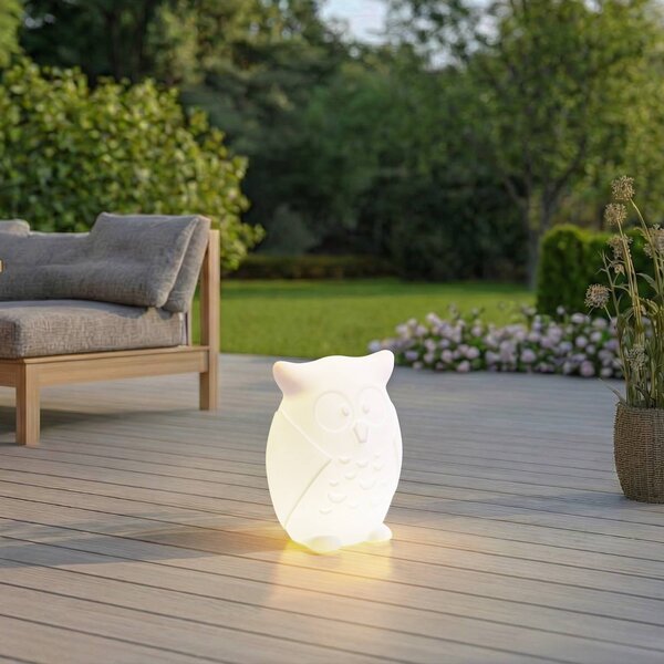Lindby LED akumulátorová lampa Errol, sova, biela, RGBW, IP54, Biela / opálová, Detská izba, Plast, Moderný