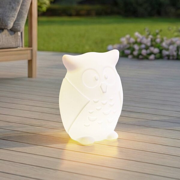 Lindby LED akumulátorová lampa Errol, sova, biela, RGBW, IP54, Biela / opálová, Detská izba, Plast, Moderný