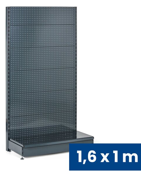 Predajný regál jednostranný, perfo steny, 1600 x 1000 x 450 mm, základný, antracit