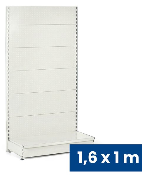 Predajný regál jednostranný, perfo steny, 1600 x 1000 x 450 mm, základná, biela