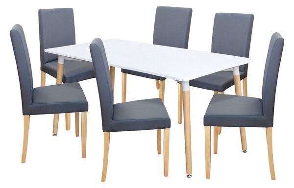Jedálenský stôl UNO 160x90 biely + 6 stoličiek PRIMA sivá/svetlé nohy