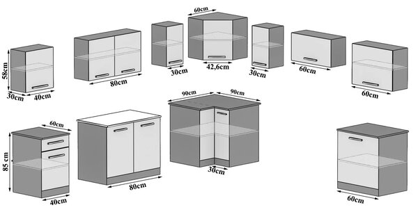 Kuchynská linka Belini 420 cm biely lesk / čierny lesk s pracovnou doskou Uniqaplus