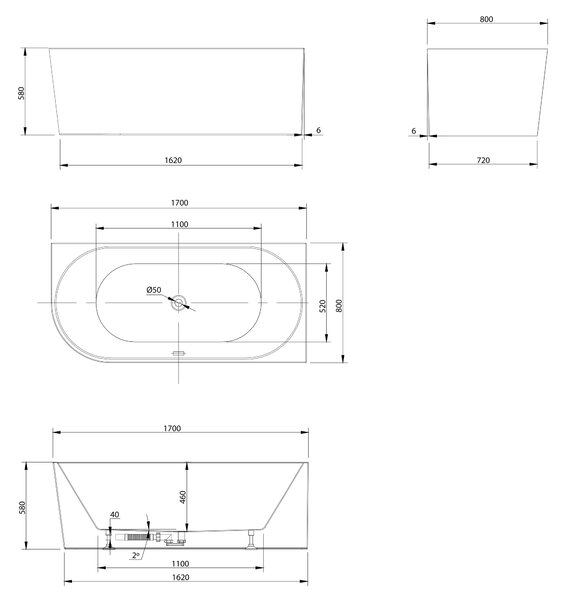 Aqualine Aqualine, TIBERA R rohová stojaca vaňa 170x80cm, biela, E1015