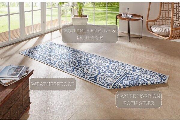 Modro-krémový vonkajší koberec NORTHRUGS Jardin, 80 x 350 cm