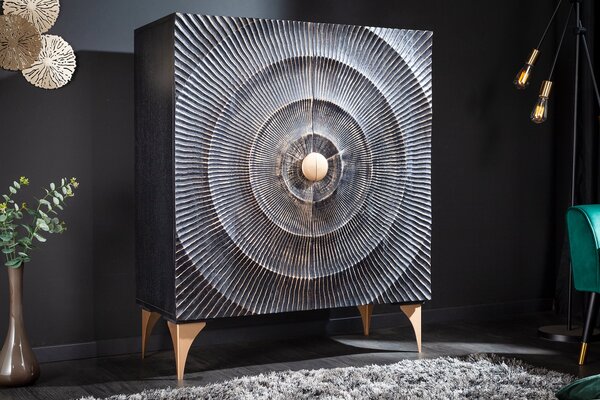 Vysoká komoda GOLDEN SUNSET 120cm 3D mango drevo čierno-zlatá