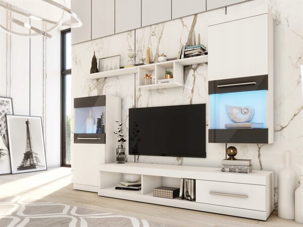 Moderná obývacia stena Nieve, biela / čierny lesk