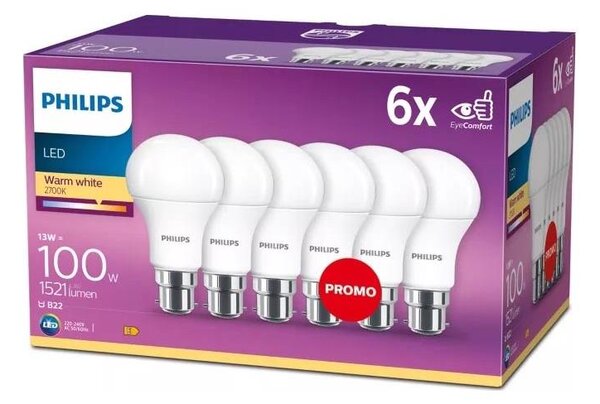SADA 6x LED žiarovka Philips A60 B22/13W/230V 2700K