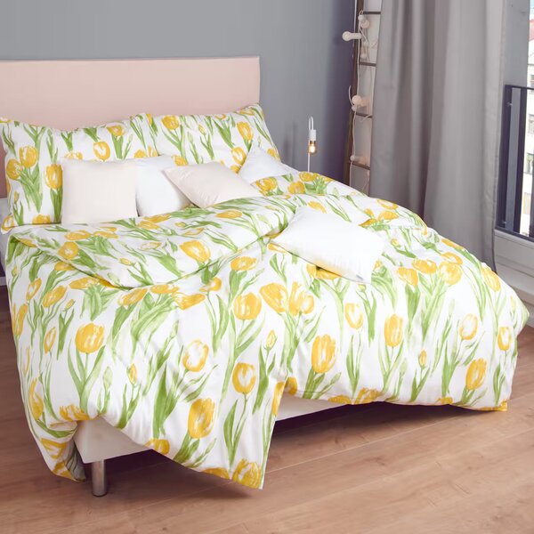 Obliečky SATÉN DESIGN tulips žltá bežný 1x paplón 140x200 + 1x vankúš 70x90 cm