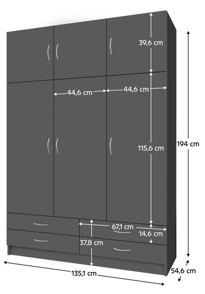 KONDELA Šatníková skriňa, trojdverová, grafit, GERI NEW