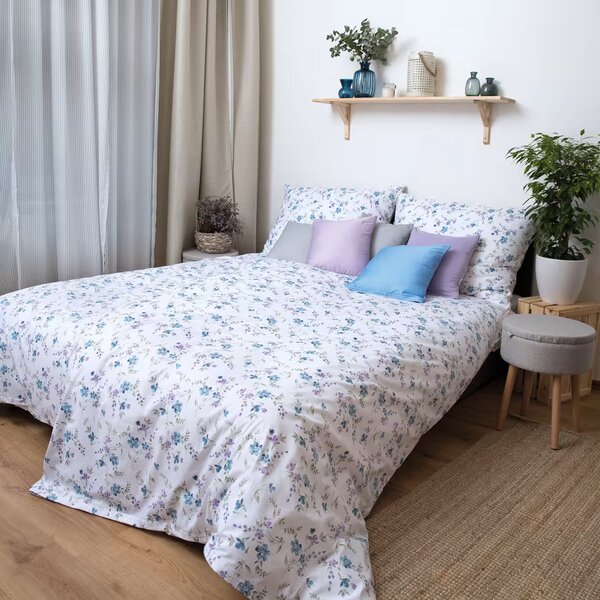 Obliečky KLASIK kvietky modrá fialová bežný 1x paplón 140x200 + 1x vankúš 70x90 cm