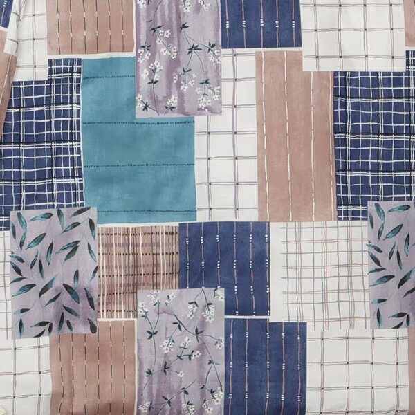 Obliečky KLASIK patchwork modrá biela hnedá bežný 1x paplón 140x200 + 1x vankúš 70x90 cm