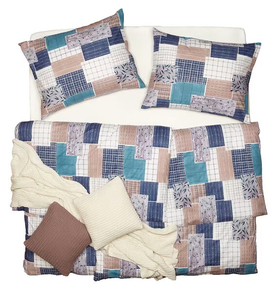Obliečky KLASIK patchwork modrá biela hnedá bežný 1x paplón 140x200 + 1x vankúš 70x90 cm