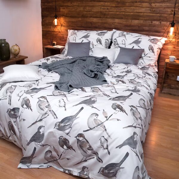 Obliečky SATÉN DESIGN grey birds bežný 1x paplón 140x200 + 1x vankúš 70x90 cm