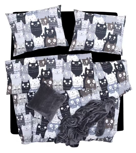 Obliečky KLASIK DESIGN multi cats sivá bežný 1x paplón 140x200 + 1x vankúš 70x90 cm