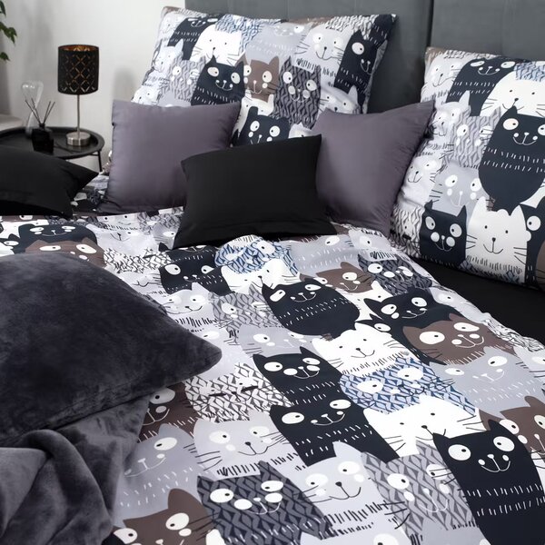 Obliečky KLASIK DESIGN multi cats sivá bežný 1x paplón 140x200 + 1x vankúš 70x90 cm