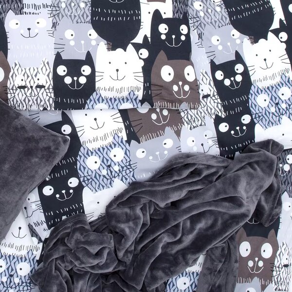 Obliečky KLASIK DESIGN multi cats sivá bežný 1x paplón 140x200 + 1x vankúš 70x90 cm